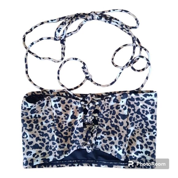 Relleciga Leopard Print Adjustable Back Lace Up Bandeau Bikini Swim Top - Picture 4 of 4